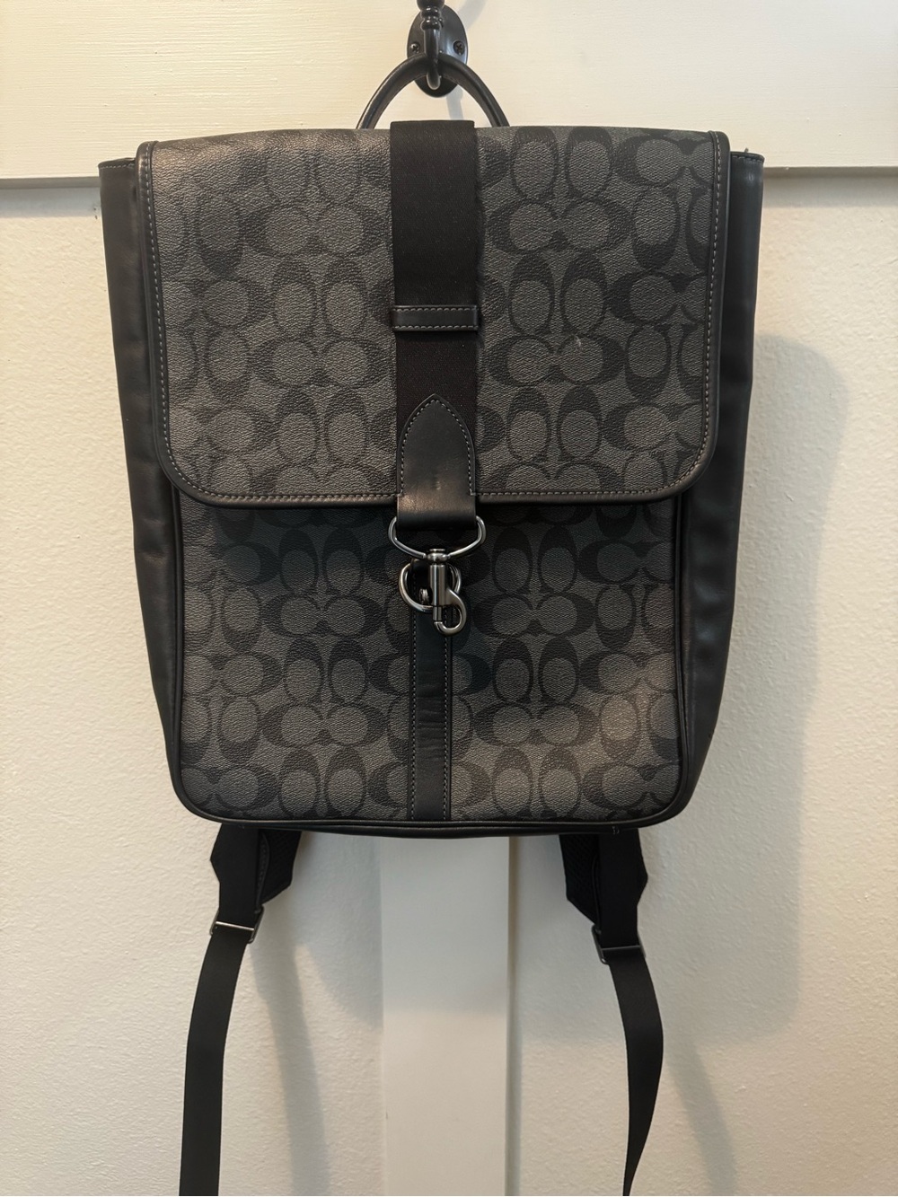 Coach Men’s Black and Gray Signature Canvas Backpack